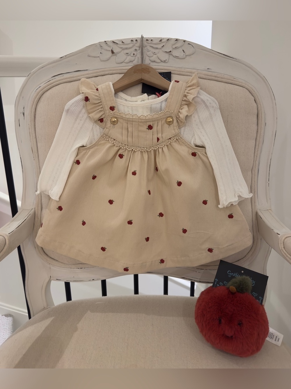 🍎 3~6 Mth Ruffle Corduroy Pinafore Dress with Red Apple Embroidered Details NWT